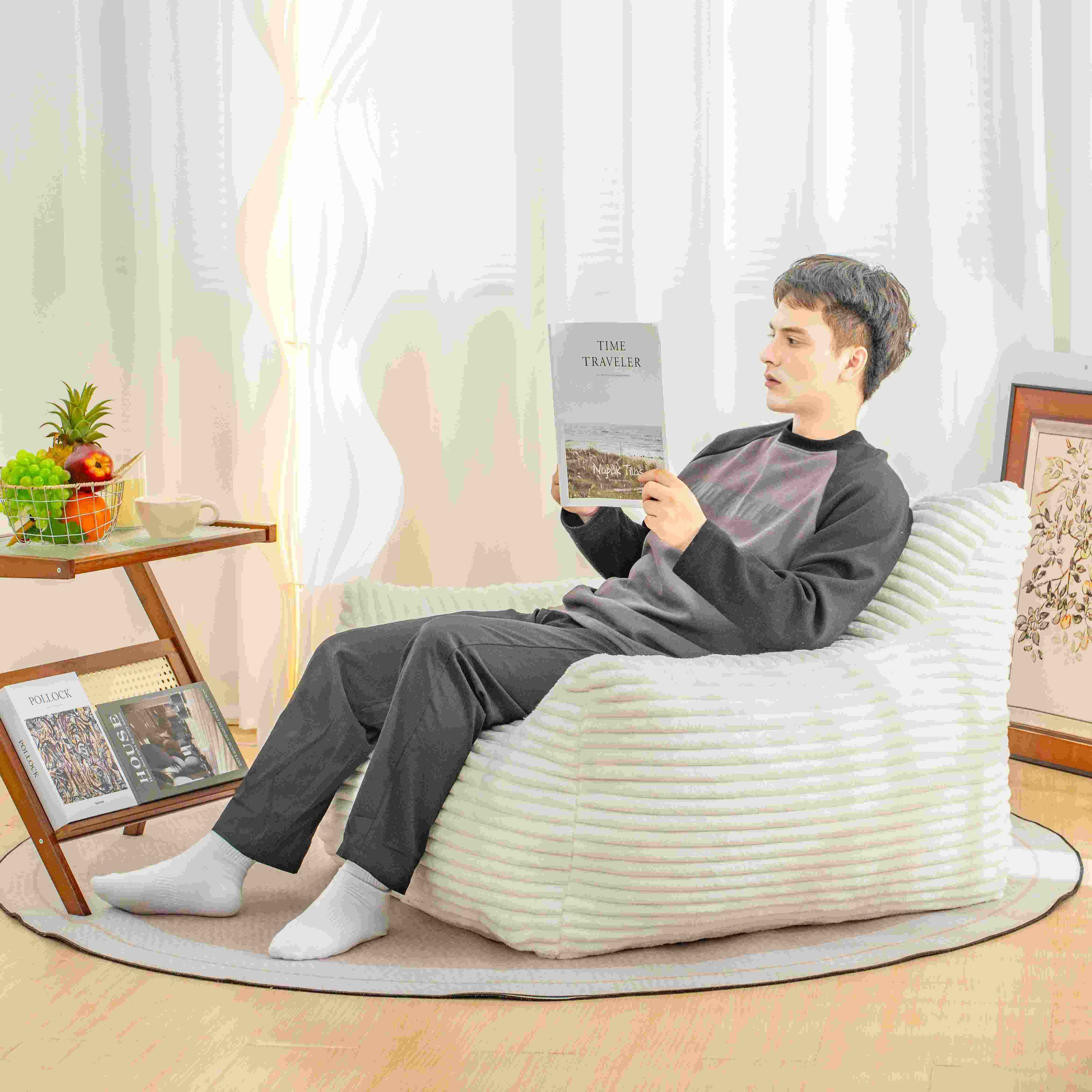 Bean Bag Chair for Adults with Armrests - Oversized Comfy Beige Beanbag Lounge Lazy Floor Sofa Chair for Living Room, Bedroom & Dorm, Cozy Fluffy Sing