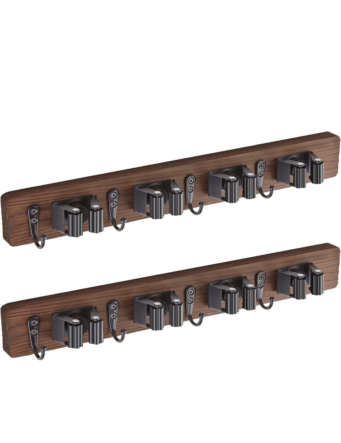 2-2 2 Pack Mop Broom Holder Wall Mount - Wood Broom Mop Hanger - Wall Mounted Garden Tool Rack Organizer for Closet Garage Laundry Room Farmhouse Rust