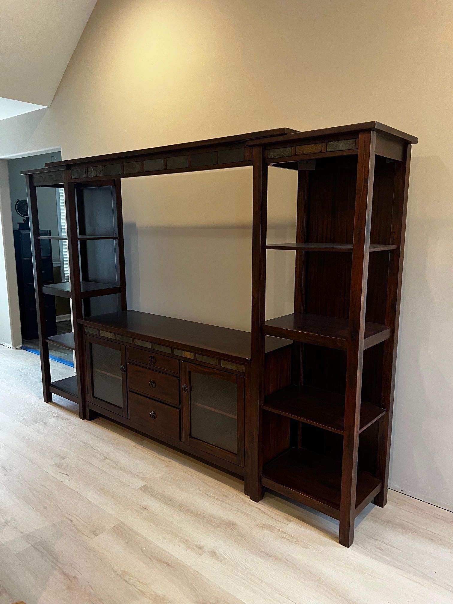 Solid Wood Entertainment Center with Slate Accents – Excellent Condition
