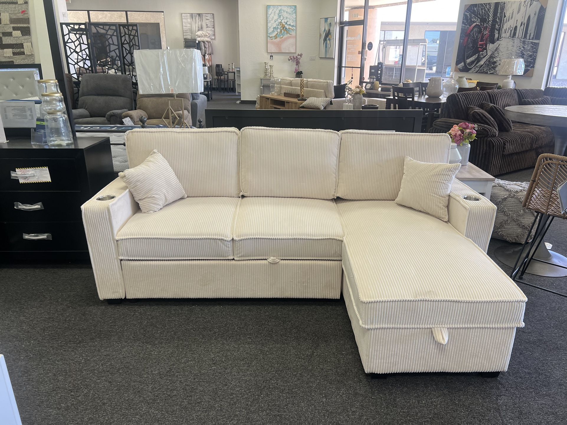 3 In One Ivory Corduroy Sleeper Sofa With Storage Reversible Chose And A Sleeper Sofa
