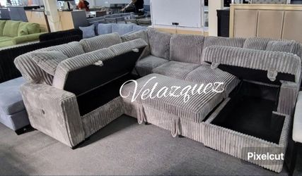 ✅️✅️4 pc Grey  corduroy fabric sectional sofa with storage chaise and love seat and pop up sleep area in center USB charging✅️✅️