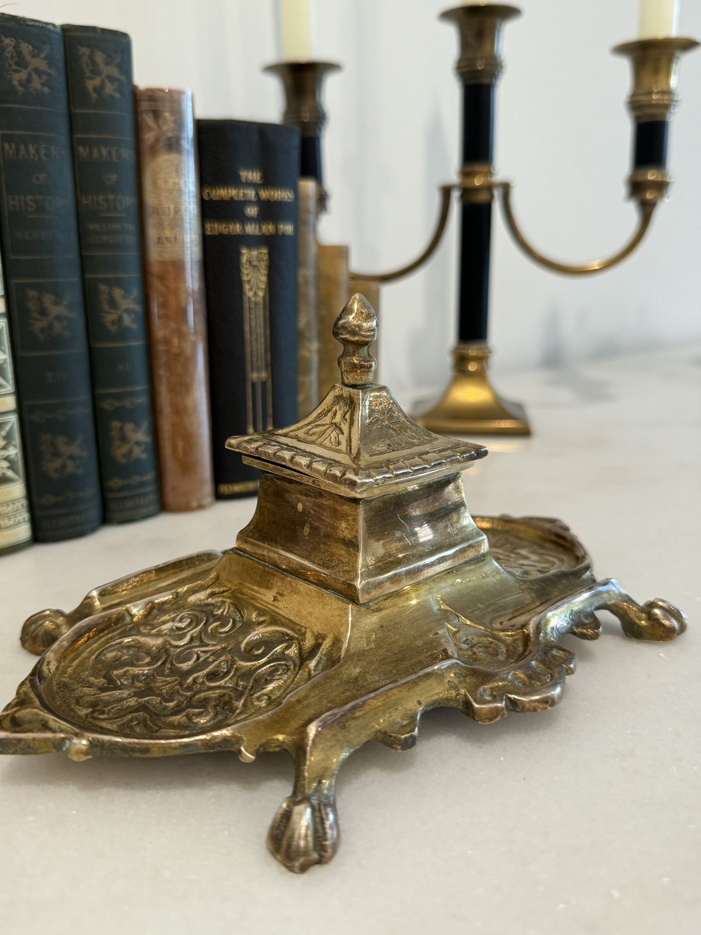 Vintage Ornate Brass Paw Footed Lidded Inkwell With A Removable Brass Ink Pan
