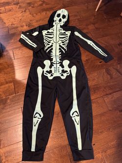 Skeleton Costume Jumpsuit with Hood and Mesh for Eyes.