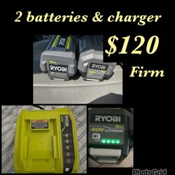 2 Ryobi Batteries & Charger