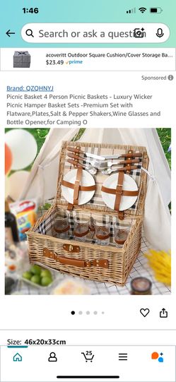 Picnic Basket 4 Person Picnic Baskets - Luxury Wicker Picnic Hamper Basket Sets -Premium Set with Flatware,Plates,Salt & Pepper Shakers,Wine Glasses a