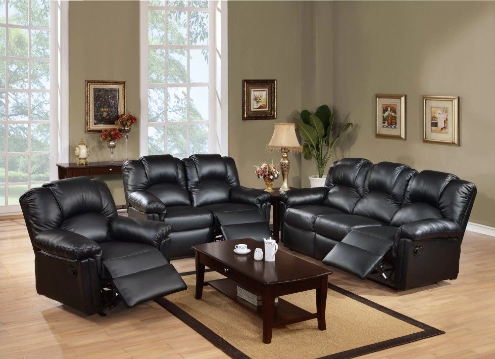 Brand New Black Leather 3pc Reclining Sofa Set