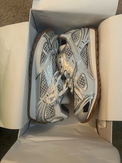 Bottega Veneta white & silver sneakers with black geometric patterns, size US 11