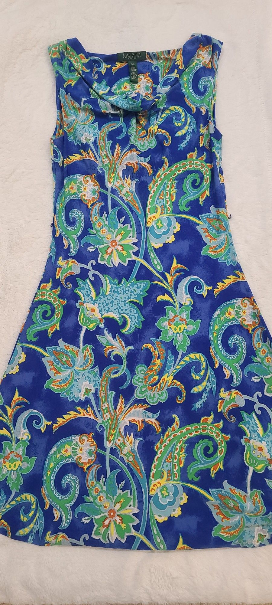 Lauren by Ralph Lauren Aleera Blue Paisley Jersey Cowl Neck Dress small