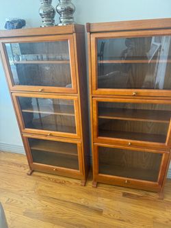 Pair of Slim Solid Wood Front Barrister Bookcases with Glass Doors