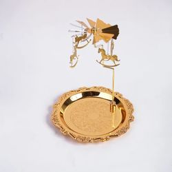 Golden Carousel Candle Holder Tray Heat Spinning Horses retro Story Decor new