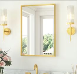 20 in. W x 30 in. H Rectangle Aluminum Framed Wall Bathroom Vanity Mirror in Gold