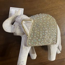 White Elephant Figurine Statue Gold Sequin Embellished Accent Decor