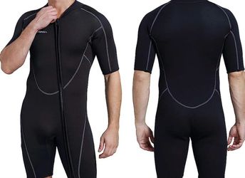 Mens Short Wetsuit Front Zip, Black, XL