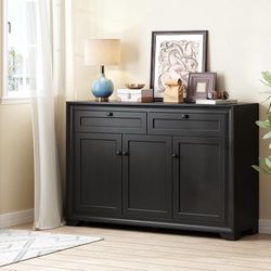 48 Inches Sideboard Buffet Cabinet with Storage, Black Wood Coffee Bar Cabinet, Buffet Table, with 2 Drawers and 3 Doors, justable Shelves, Farmhouse