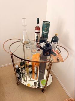Gold Bar Cart – Glass Shelves, Rolling, Modern Style