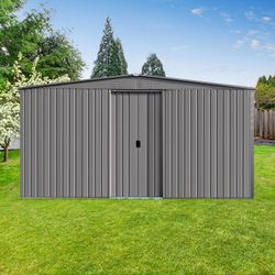 14x12 Ft New Outdoor Storage Shed Has Two Functions:Metal Shed And Firewood Shed , More Suitable For Winter , Grey