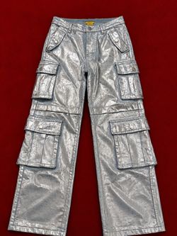Metallic Silver Wide-Leg Cargo Pants – Multi-Pocket Streetwear (Size S)