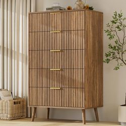 LYNSOM Fluted 5 Drawers Dresser, Walnut