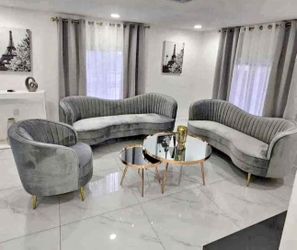 Grey Velvet Gold 3 Piece Sofa , Loveseat & Chair 