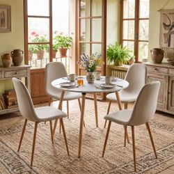 Homy Casa ROOKIE R+CHARLTON 5-Piece Round Dining Set, 31.5“ White Table with 4 Beige Upholstered Chairs and Natural Oak Legs Open Box