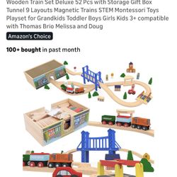 Wooden Train Set Deluxe 52 Pcs with Storage Gift Box Tunnel 9 Layouts Magnetic Trains STEM Montessori Toys Playset for Grandkids Toddler Boys Girls Ki