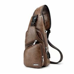 Men's Leather Shoulder Pack Zip Chest Bag USB Charging Sports Crossbody Handbag