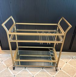 Modern Gold Bar Cart with Glass Shelves & Wine Rack
