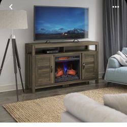 ALLEN † ROTH 59.5-in W Canyon Lake Pine TV Stand with Infrared Quartz Electric Fireplace with remote