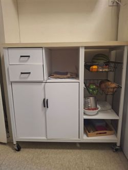 White Kitchen Cart with Drawers and Shelves