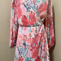 H&M Multicolor Floral Pleated Wrap Dress Balloon Sleeve Deep V Neck Women's L
