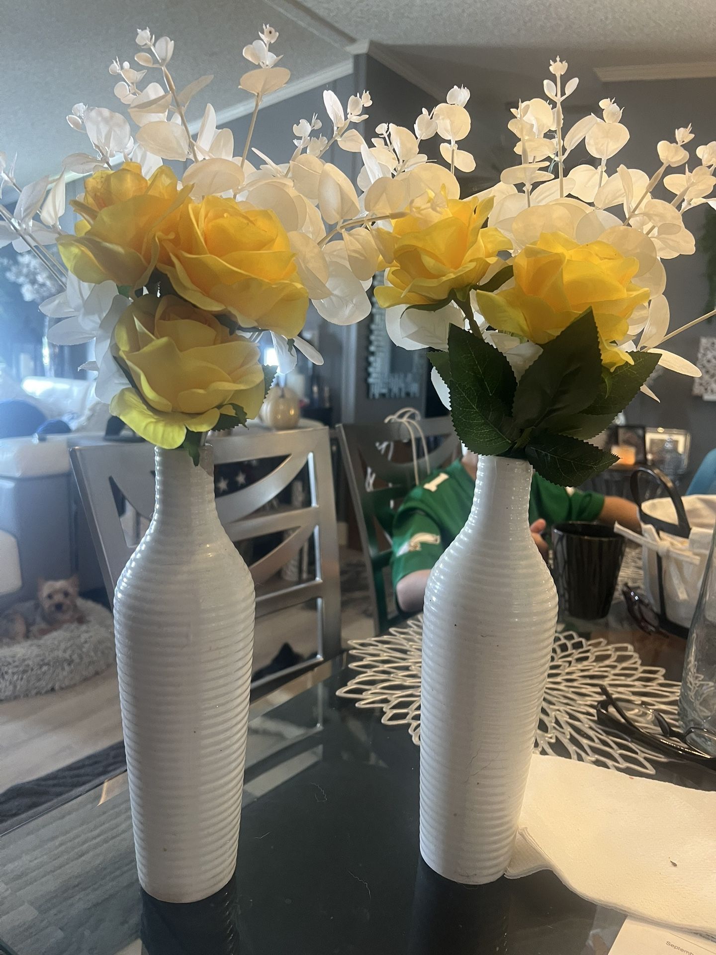 Instead Of Two White Ribbed Vases, Including Yellow And White