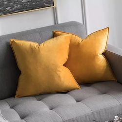 Two Homemade Mustard Velvet Pillow Covers
