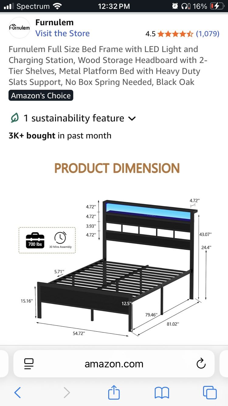 Full Size Bed Frame with LED Light and Charging Station Metal Platform Bed 