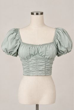 Sage Green Ruched Puff Sleeve Crop Top