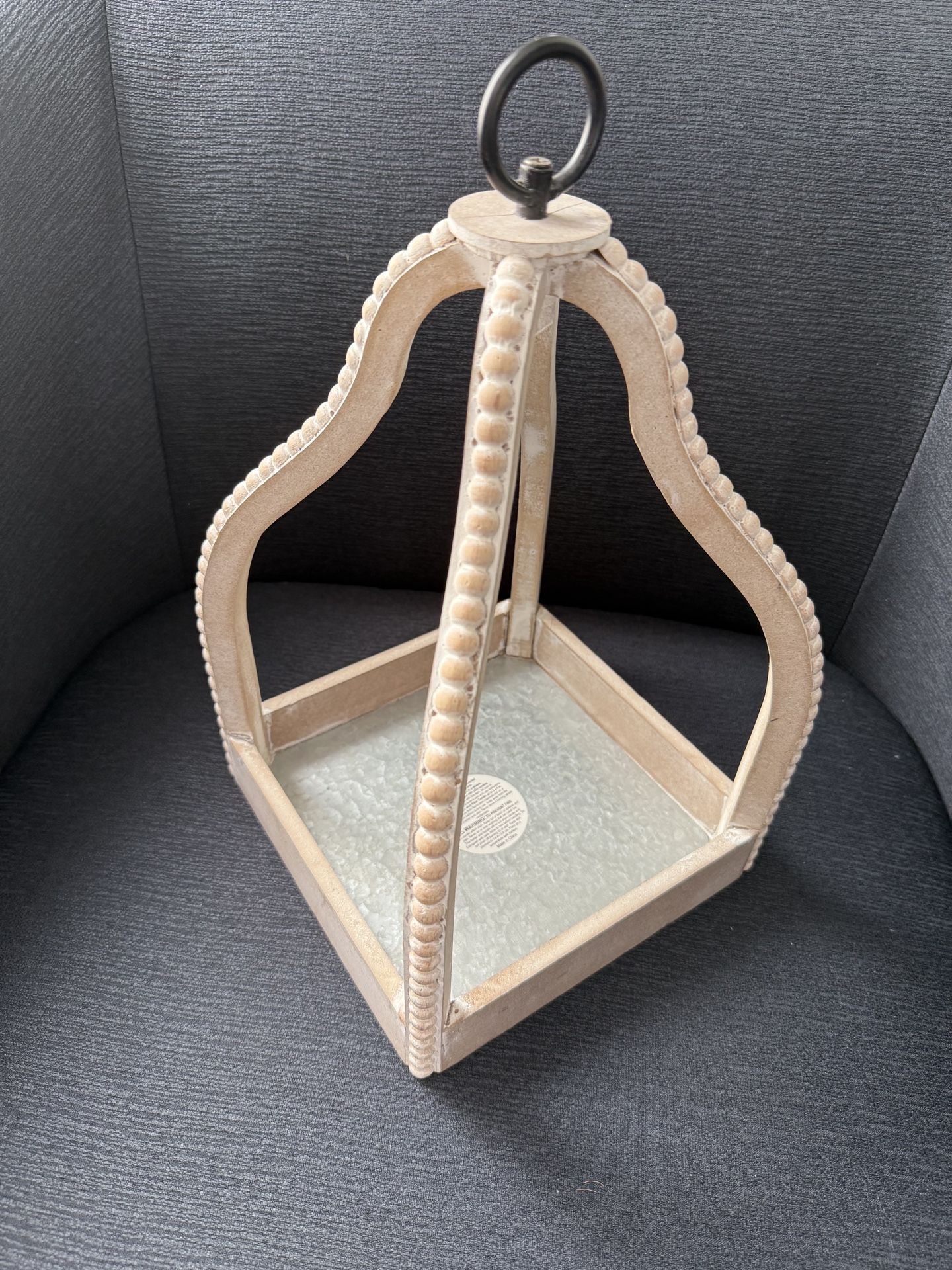 10 White Washed Beaded Open Lantern, 14 in.