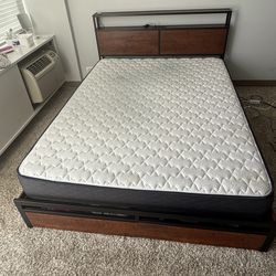 Antioch Queen Bed Frame With 4 Drawers & Storage Headboard, LED Light, Charging Station - Brown