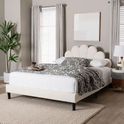 Upholstered Platform Bed – Soft Fabric Queen Size Bed Frame with Padded Scalloped Style(New In A Box)