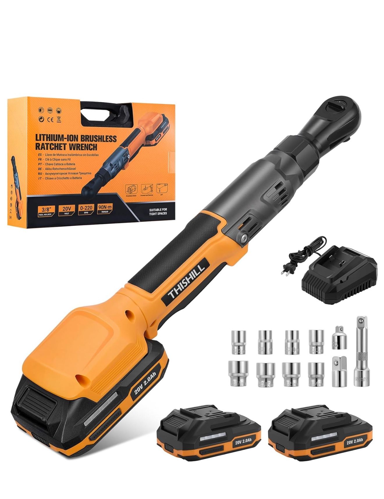 3/8" 90NM Brushless Power Ratchet Driver with 2 Pack 15C 2000 mAh Lithium-Ion Battery,20V 66 Ft-lbs Cordless Electric Ratchet Wrench Set,1/4" and 1/2"