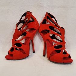 Giuseppe Zanotti Design Women's Suede Open Toe High Heels Red Shoes Size 6 Italy 6.5 Made In Italy