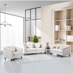 3 Pieces Modern Beige Living Room Set, Velvet Upholstery, Plush Foam Fill, 500 Pound Weight Capacity