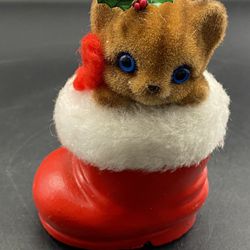 Vintage Josef Originals Flocked Cat Kitten in Santa Boot  Christmas Ornament Tag