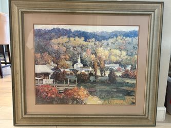 Large Kent R. Wallis Framed Autumn Village Art Print 40"x34"