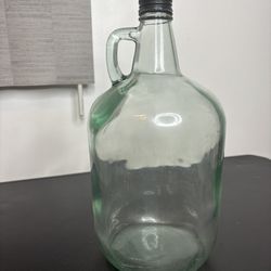 Vintage Green Wine Glass Gallon Jug, Finger Loop, Black Metal Cap