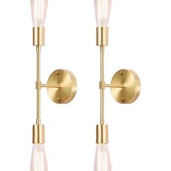 Gold Vanity Lights, 2-Light Bathroom Light Fixtures Over Mirror Brass Sconce Modern Semi Flush Mount Ceiling Light Fixture for Toilet Bedroom Living D