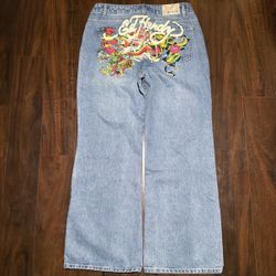 Men’s Ed Hardy Y2K Blue Denim Straight Jeans Tiger Design Size 34