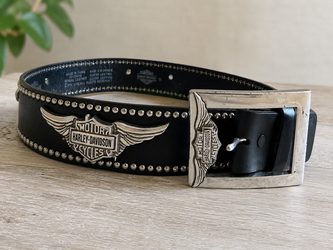 Vintage Y2K Harley Davidson Medallion Black Leather Studded Belt M