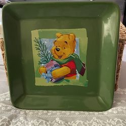 Vintage Disney Winnie The Pooh 10.5” Square Green Ceramic Christmas Plate 
