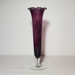 Purple Etched Glass Bud Vase Vintage 