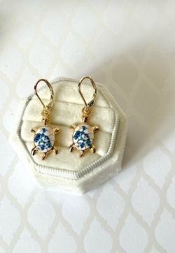 Blue Floral Turtle Earrings