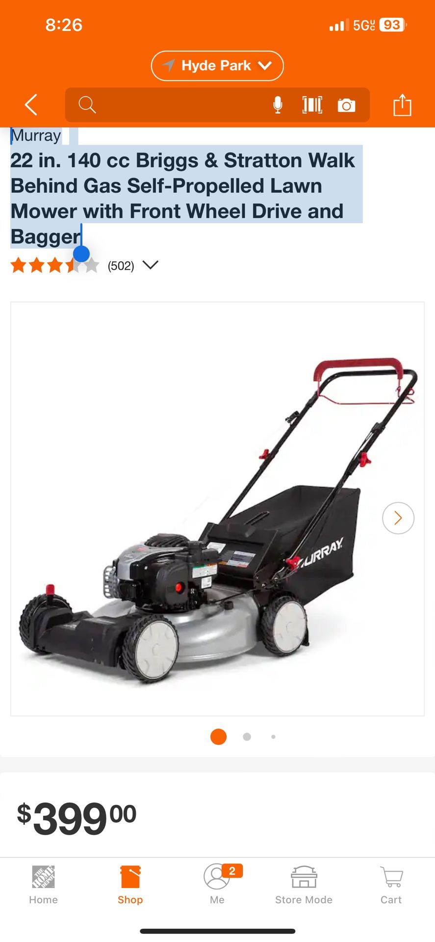 Lawnmower Murray Self propelled Like New Costumer Return. To Home Depot $240 Firm